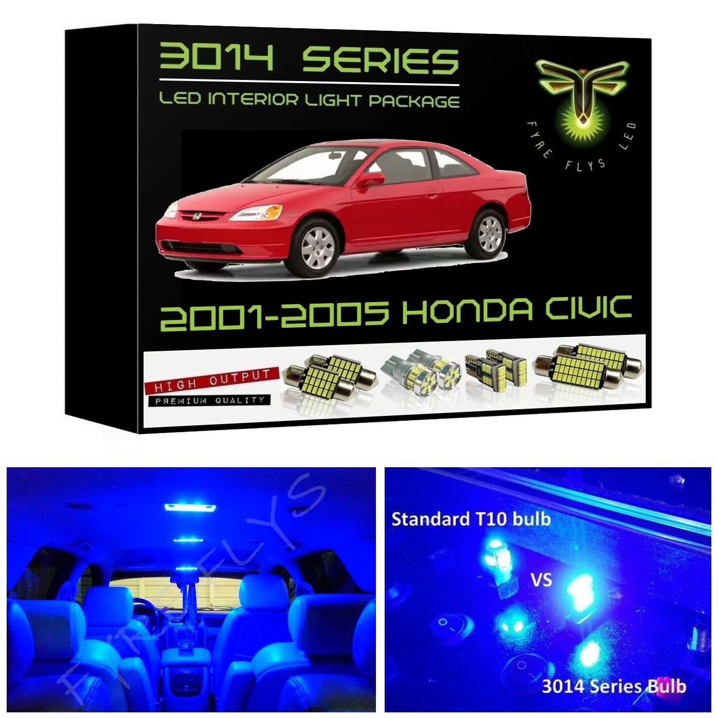 2001-2005 Honda Civic Coupe, Sedan or Hatchback Super Bright 3014 Series LED interior light kit
