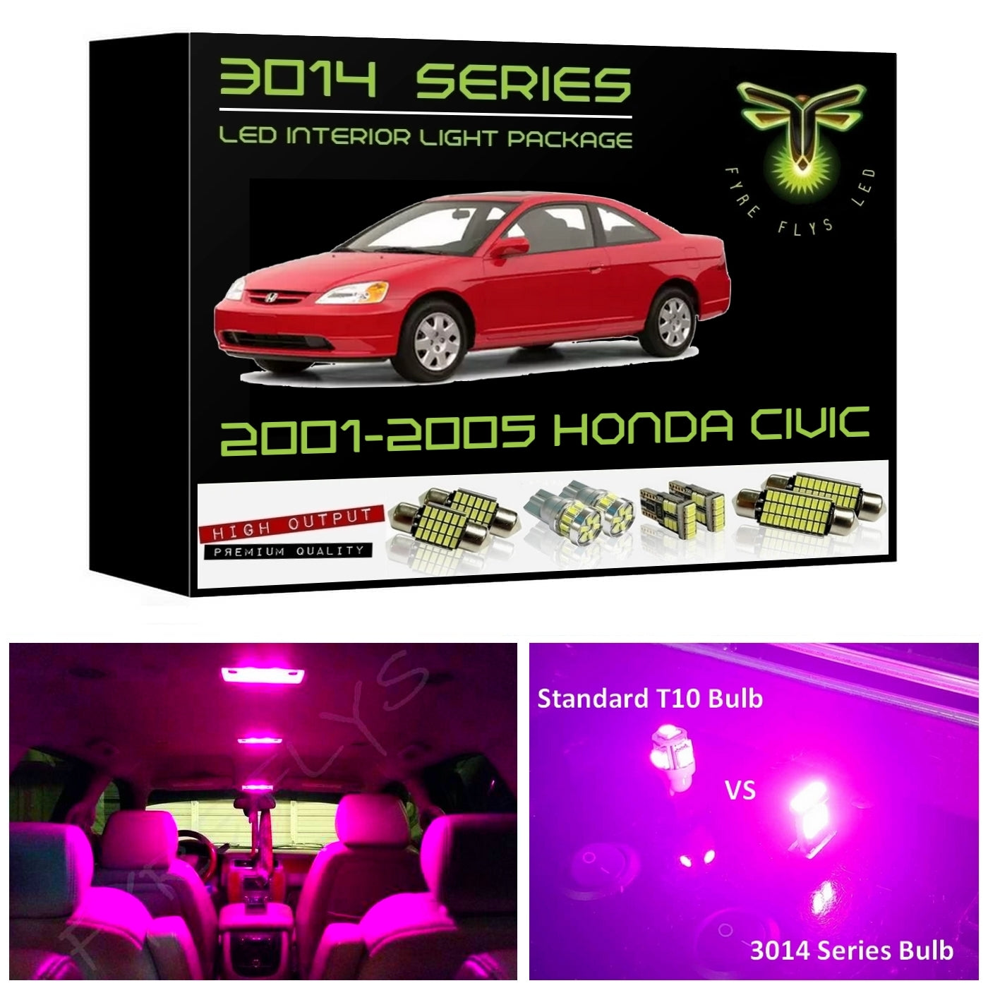 2001-2005 Honda Civic Coupe, Sedan or Hatchback Super Bright 3014 Series LED interior light kit