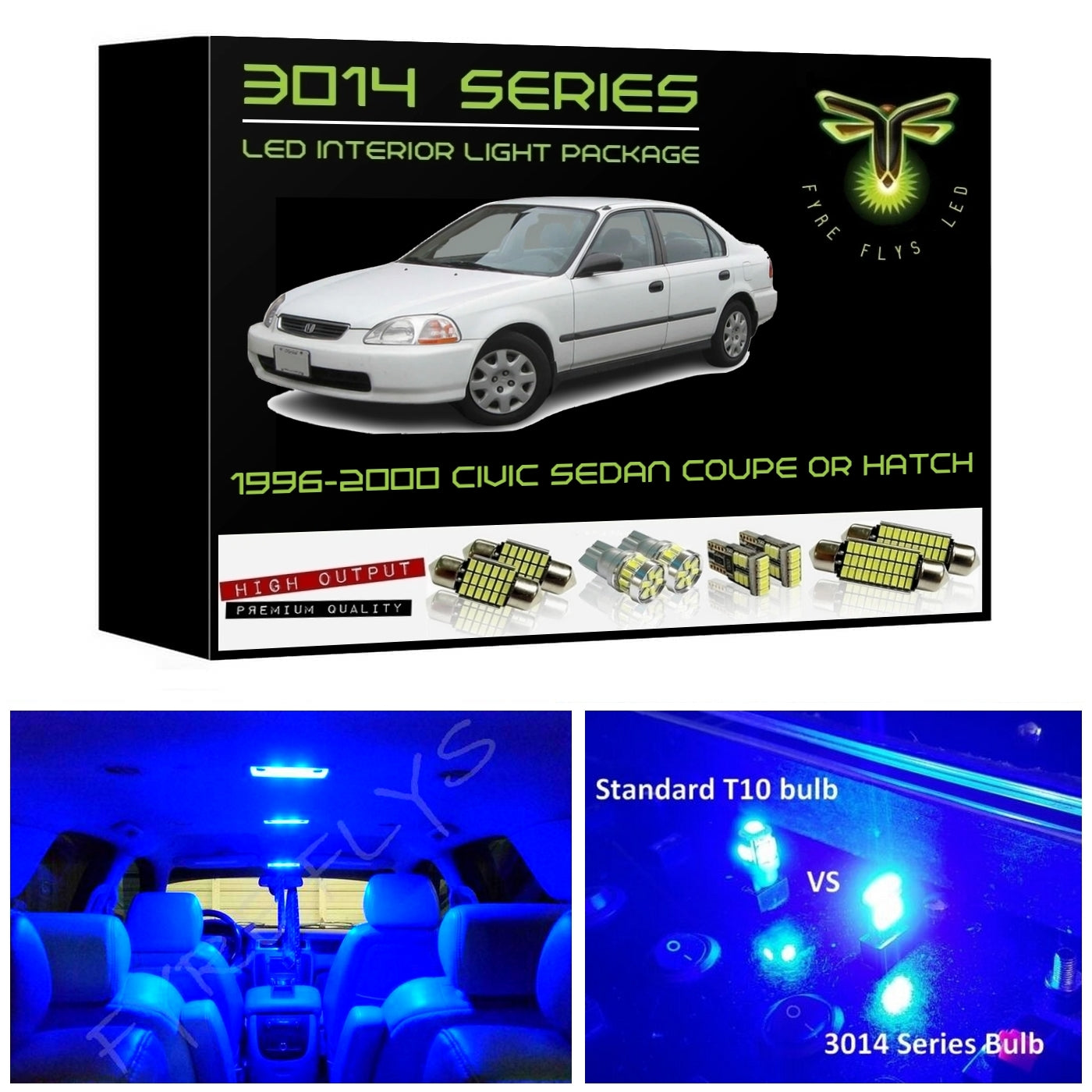 1996-2000 Honda Civic Coupe, Sedan or Hatchback Super Bright 3014 Series LED interior light kit