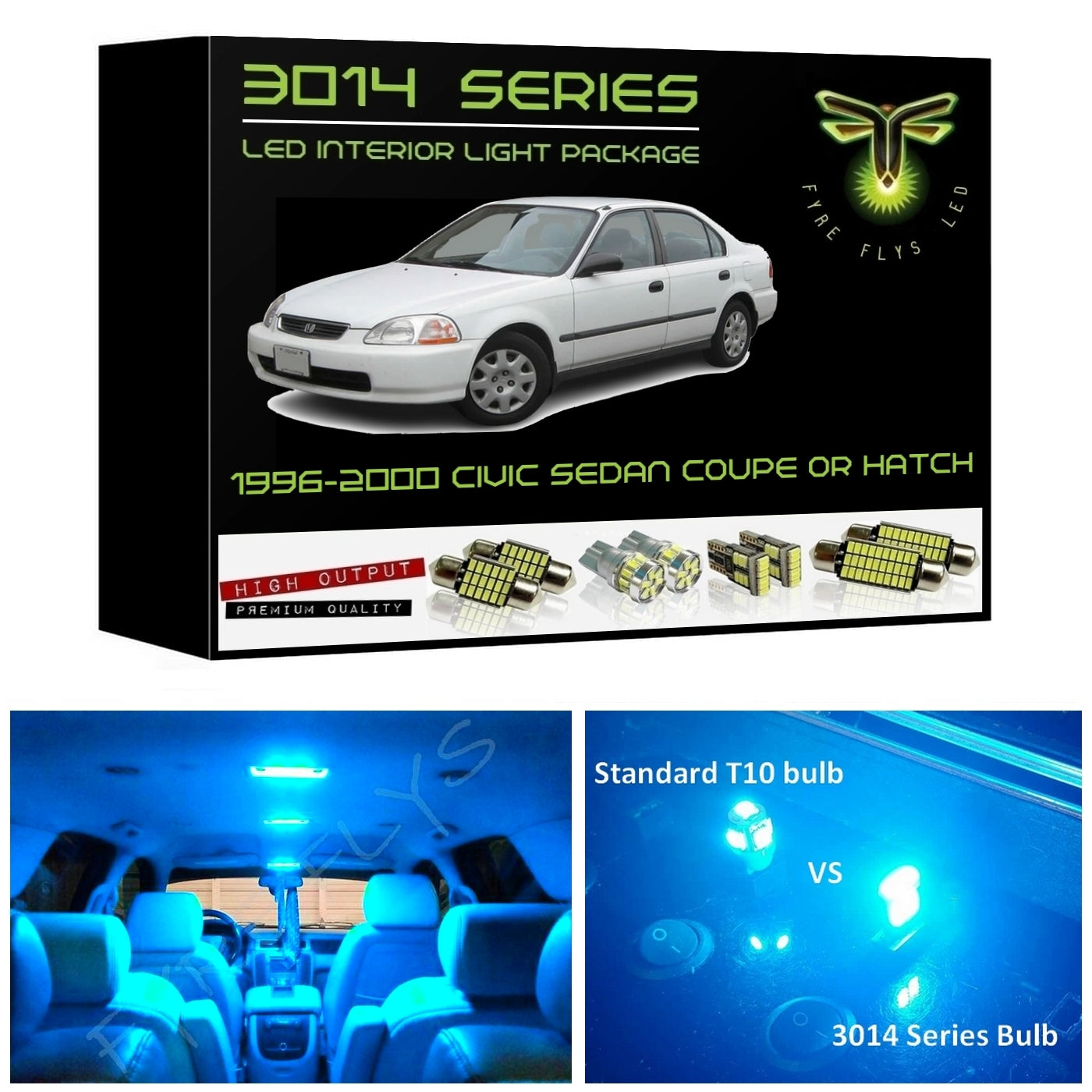 1996-2000 Honda Civic Coupe, Sedan or Hatchback Super Bright 3014 Series LED interior light kit