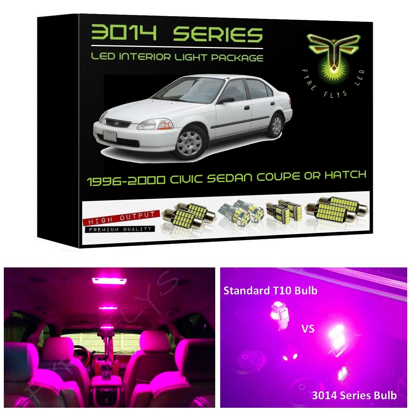 1996-2000 Honda Civic Coupe, Sedan or Hatchback Super Bright 3014 Series LED interior light kit