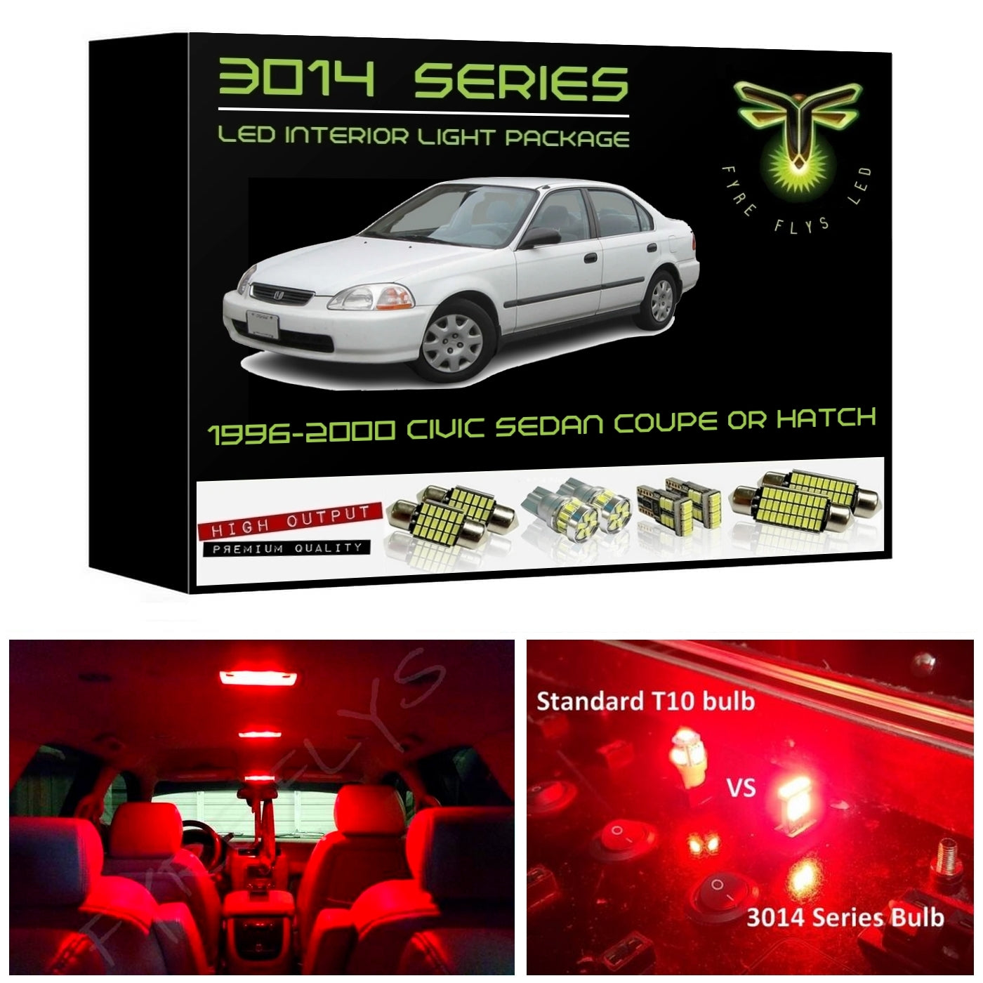1996-2000 Honda Civic Coupe, Sedan or Hatchback Super Bright 3014 Series LED interior light kit